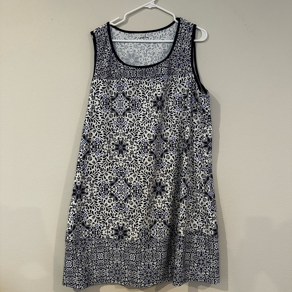 Classic Land’s End Floral Sheath Dress 1X | Navy‎ White Comfort Light Stretch